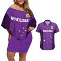 Custom Australia Soccer Couples Matching Off Shoulder Short Dress and Hawaiian Shirt Matildas Go Champions - Purple