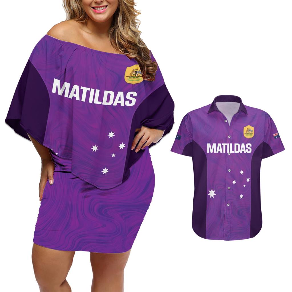Custom Australia Soccer Couples Matching Off Shoulder Short Dress and Hawaiian Shirt Matildas Go Champions - Purple