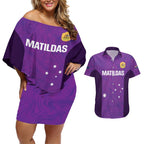 Custom Australia Soccer Couples Matching Off Shoulder Short Dress and Hawaiian Shirt Matildas Go Champions - Purple