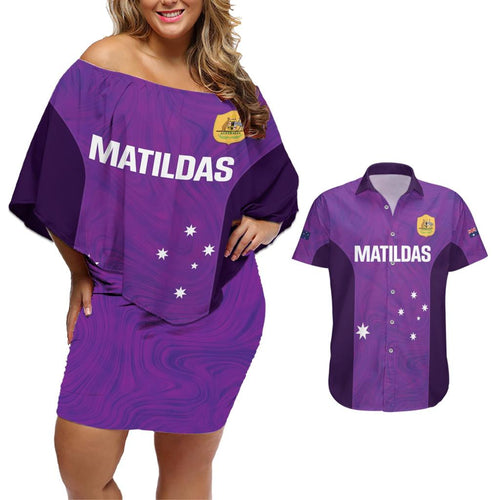 Custom Australia Soccer Couples Matching Off Shoulder Short Dress and Hawaiian Shirt Matildas Go Champions - Purple