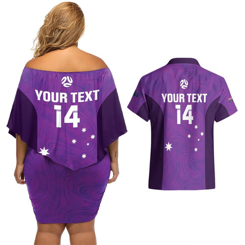 Custom Australia Soccer Couples Matching Off Shoulder Short Dress and Hawaiian Shirt Matildas Go Champions - Purple