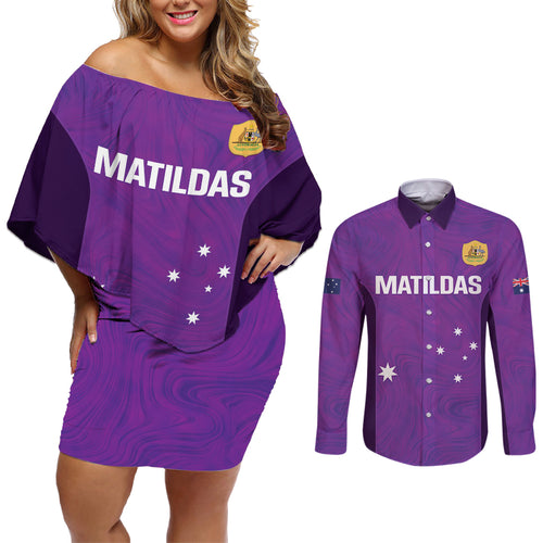 Custom Australia Soccer Couples Matching Off Shoulder Short Dress and Long Sleeve Button Shirt Matildas Go Champions - Purple