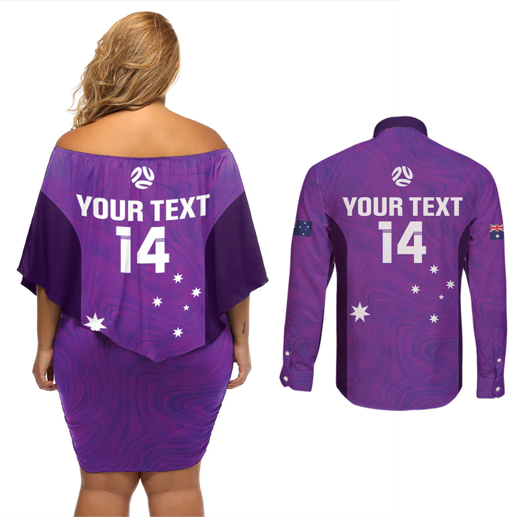 Custom Australia Soccer Couples Matching Off Shoulder Short Dress and Long Sleeve Button Shirt Matildas Go Champions - Purple