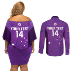 Custom Australia Soccer Couples Matching Off Shoulder Short Dress and Long Sleeve Button Shirt Matildas Go Champions - Purple