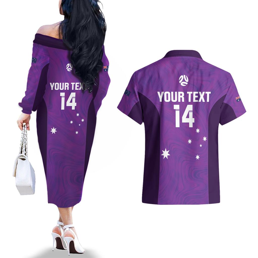 Custom Australia Soccer Couples Matching Off The Shoulder Long Sleeve Dress and Hawaiian Shirt Matildas Go Champions - Purple