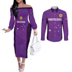 Custom Australia Soccer Couples Matching Off The Shoulder Long Sleeve Dress and Long Sleeve Button Shirt Matildas Go Champions - Purple