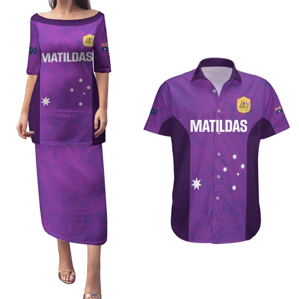 Custom Australia Soccer Couples Matching Puletasi and Hawaiian Shirt Matildas Go Champions - Purple