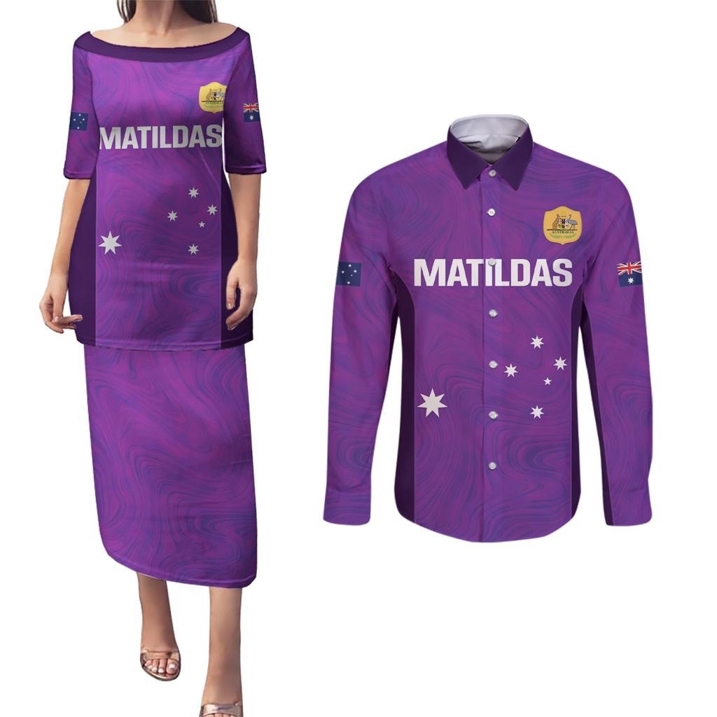 Custom Australia Soccer Couples Matching Puletasi and Long Sleeve Button Shirt Matildas Go Champions - Purple