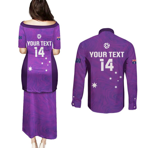 Custom Australia Soccer Couples Matching Puletasi and Long Sleeve Button Shirt Matildas Go Champions - Purple