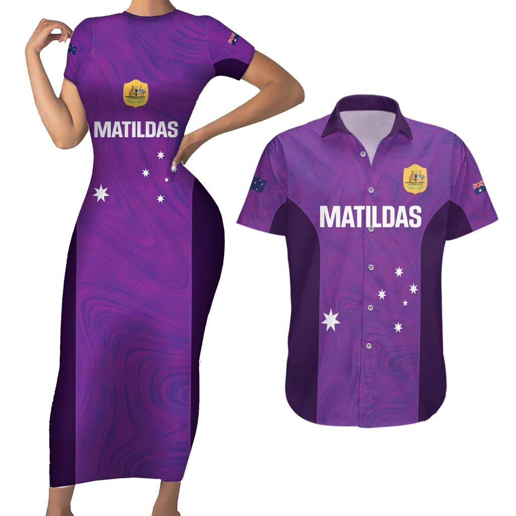 Custom Australia Soccer Couples Matching Short Sleeve Bodycon Dress and Hawaiian Shirt Matildas Go Champions - Purple