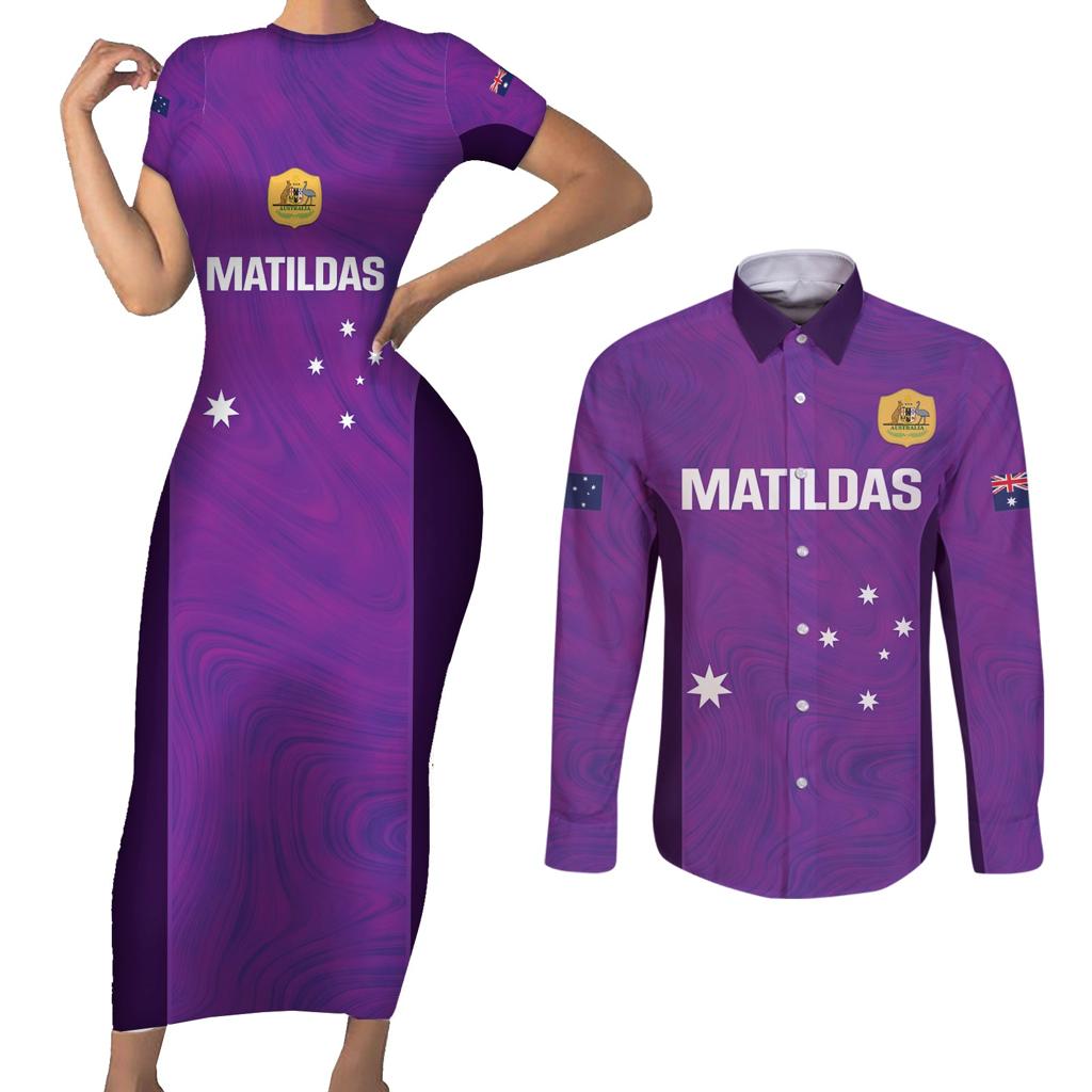 Custom Australia Soccer Couples Matching Short Sleeve Bodycon Dress and Long Sleeve Button Shirt Matildas Go Champions - Purple