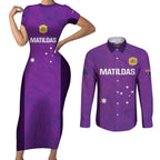 Custom Australia Soccer Couples Matching Short Sleeve Bodycon Dress and Long Sleeve Button Shirt Matildas Go Champions - Purple