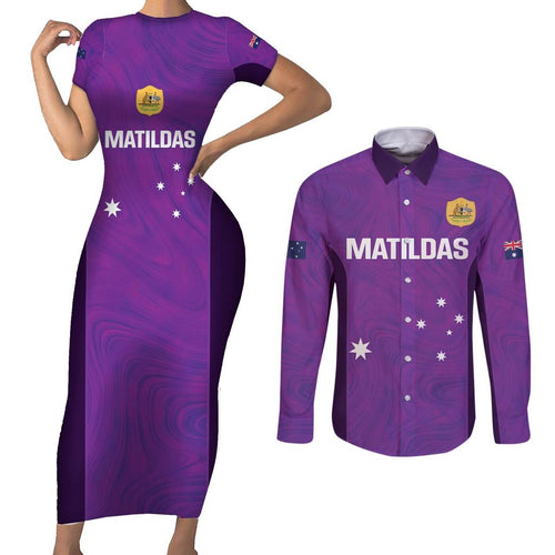 Custom Australia Soccer Couples Matching Short Sleeve Bodycon Dress and Long Sleeve Button Shirt Matildas Go Champions - Purple
