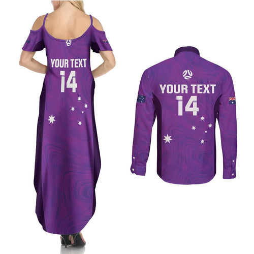 Custom Australia Soccer Couples Matching Summer Maxi Dress and Long Sleeve Button Shirt Matildas Go Champions - Purple