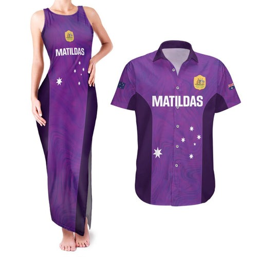 Custom Australia Soccer Couples Matching Tank Maxi Dress and Hawaiian Shirt Matildas Go Champions - Purple