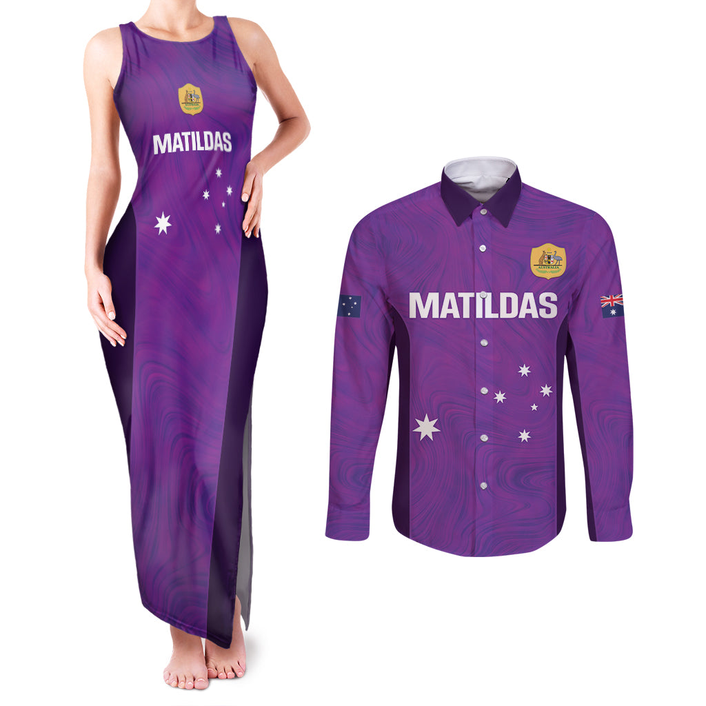 Custom Australia Soccer Couples Matching Tank Maxi Dress and Long Sleeve Button Shirt Matildas Go Champions - Purple