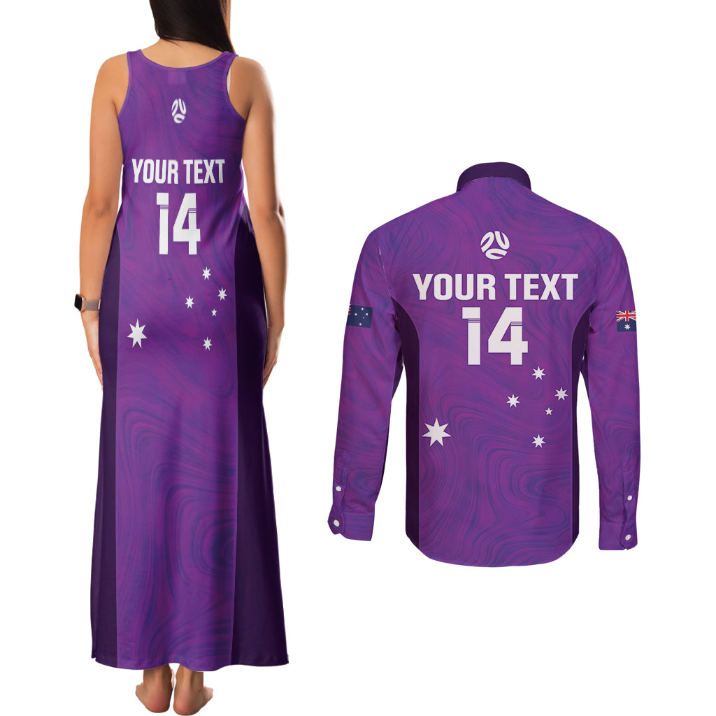 Custom Australia Soccer Couples Matching Tank Maxi Dress and Long Sleeve Button Shirt Matildas Go Champions - Purple