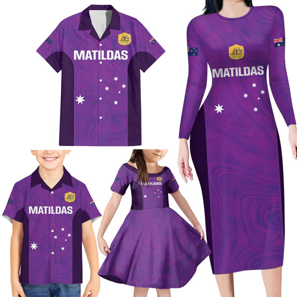 Custom Australia Soccer Family Matching Long Sleeve Bodycon Dress and Hawaiian Shirt Matildas Go Champions - Purple