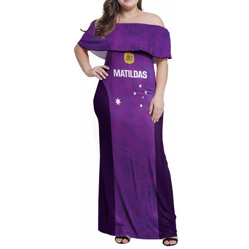 Custom Australia Soccer Family Matching Off Shoulder Maxi Dress and Hawaiian Shirt Matildas Go Champions - Purple
