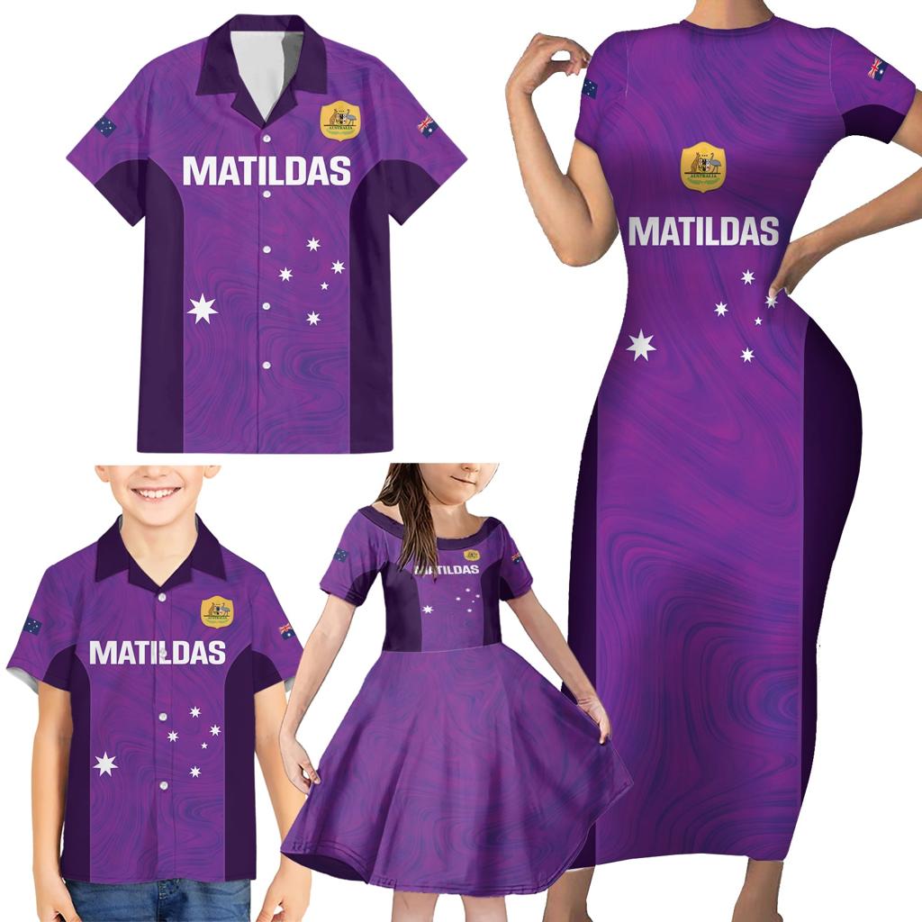 Custom Australia Soccer Family Matching Short Sleeve Bodycon Dress and Hawaiian Shirt Matildas Go Champions - Purple