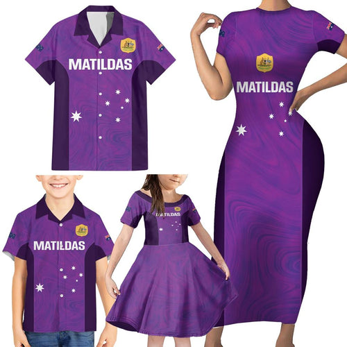 Custom Australia Soccer Family Matching Short Sleeve Bodycon Dress and Hawaiian Shirt Matildas Go Champions - Purple
