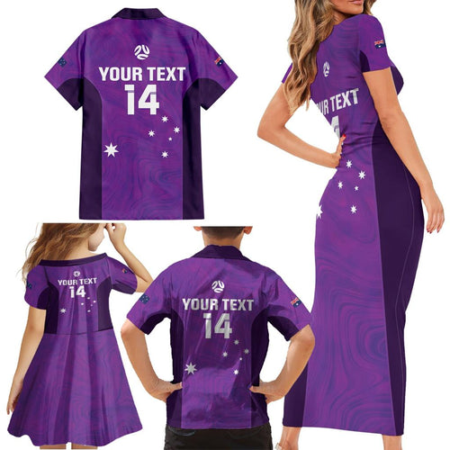 Custom Australia Soccer Family Matching Short Sleeve Bodycon Dress and Hawaiian Shirt Matildas Go Champions - Purple