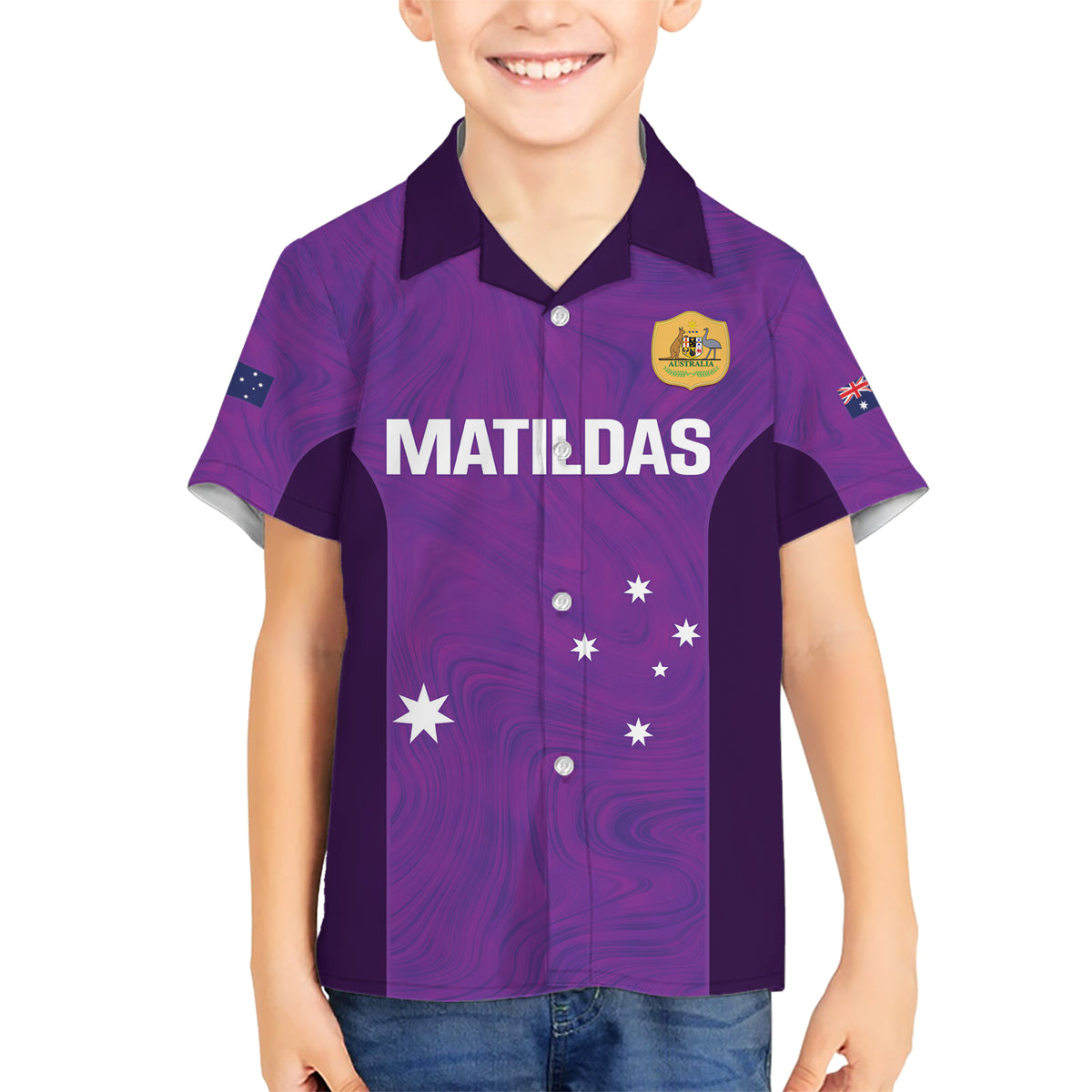 Custom Australia Soccer Kid Hawaiian Shirt Matildas Go Champions - Purple