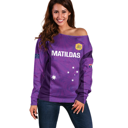 Custom Australia Soccer Off Shoulder Sweater Matildas Go Champions - Purple