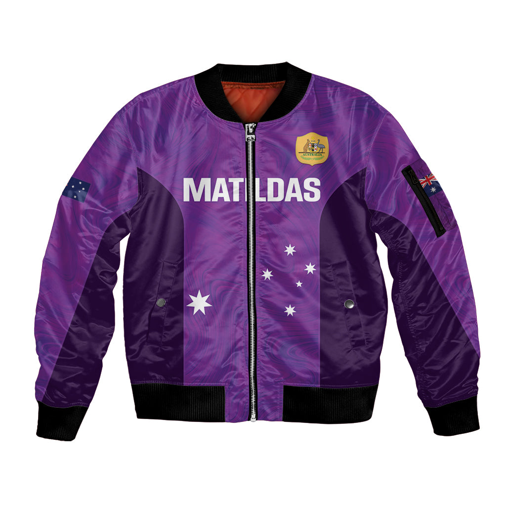 Custom Australia Soccer Sleeve Zip Bomber Jacket Matildas Go Champions - Purple