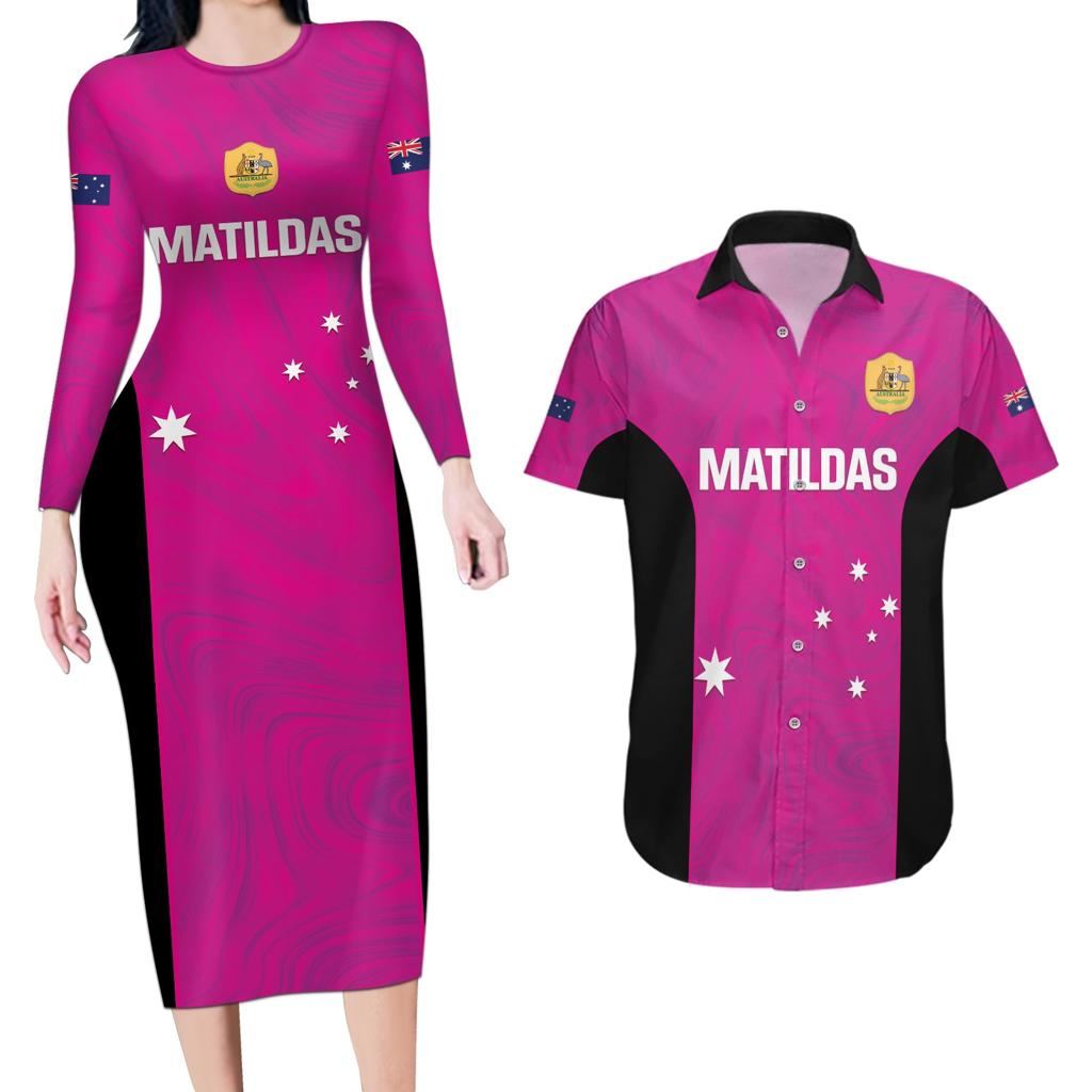 Custom Australia Soccer Couples Matching Long Sleeve Bodycon Dress and Hawaiian Shirt Matildas Go Champions - Pink