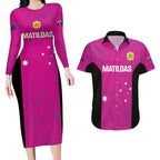 Custom Australia Soccer Couples Matching Long Sleeve Bodycon Dress and Hawaiian Shirt Matildas Go Champions - Pink