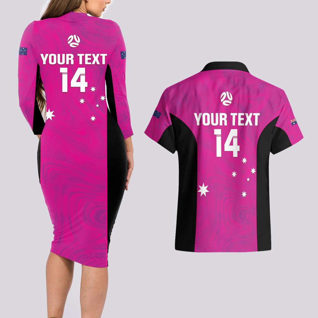 Custom Australia Soccer Couples Matching Long Sleeve Bodycon Dress and Hawaiian Shirt Matildas Go Champions - Pink