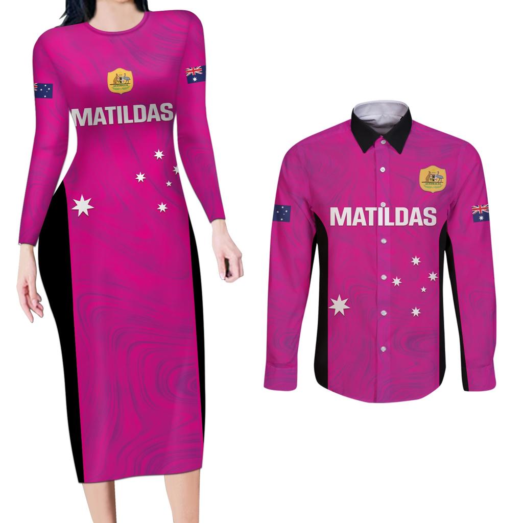 Custom Australia Soccer Couples Matching Long Sleeve Bodycon Dress and Long Sleeve Button Shirt Matildas Go Champions - Pink