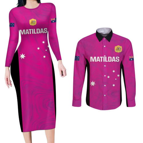 Custom Australia Soccer Couples Matching Long Sleeve Bodycon Dress and Long Sleeve Button Shirt Matildas Go Champions - Pink