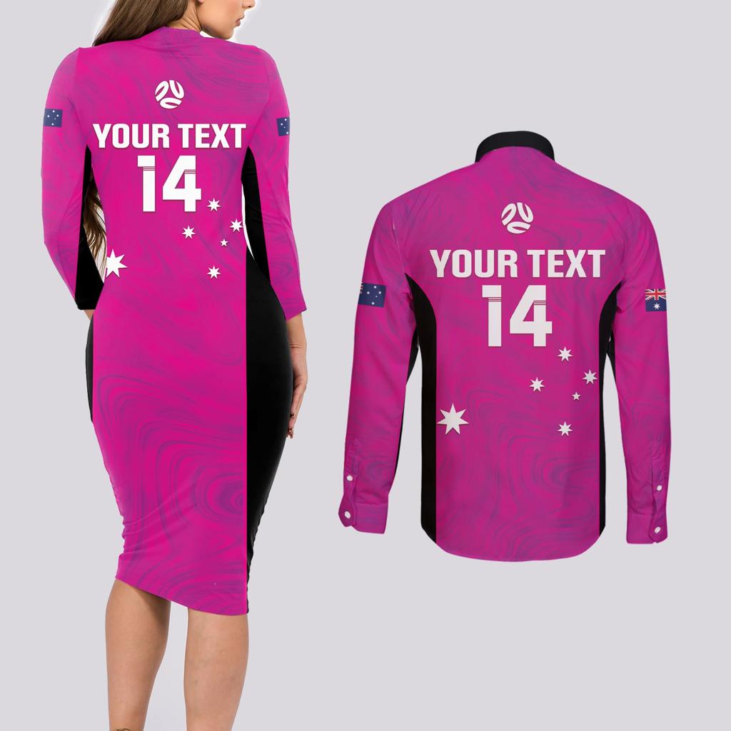 Custom Australia Soccer Couples Matching Long Sleeve Bodycon Dress and Long Sleeve Button Shirt Matildas Go Champions - Pink