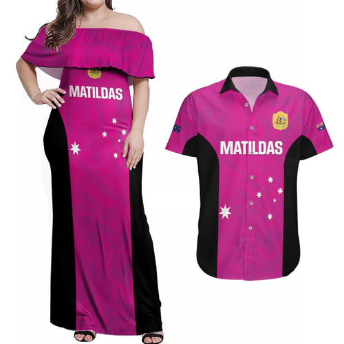 Custom Australia Soccer Couples Matching Off Shoulder Maxi Dress and Hawaiian Shirt Matildas Go Champions - Pink