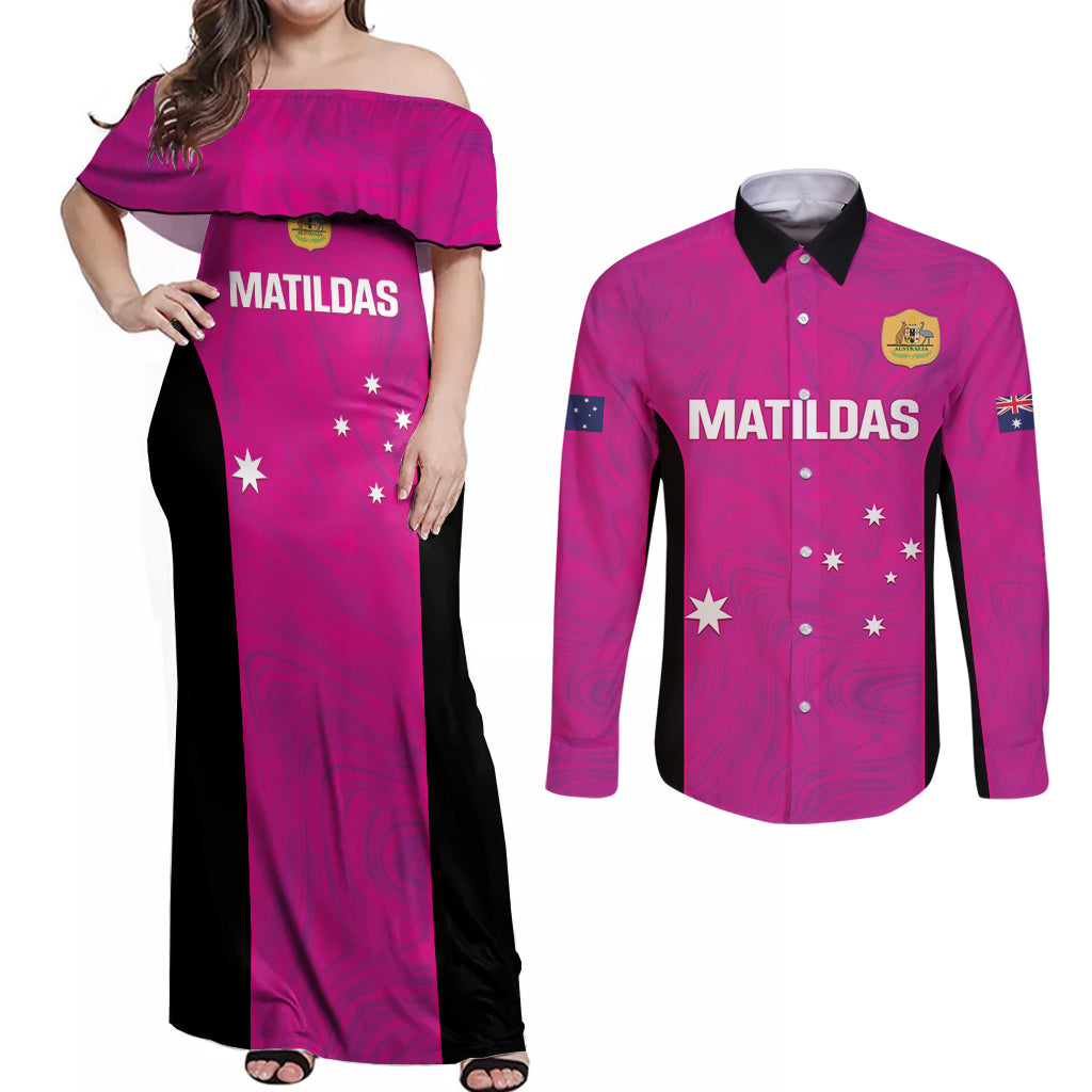 Custom Australia Soccer Couples Matching Off Shoulder Maxi Dress and Long Sleeve Button Shirt Matildas Go Champions - Pink