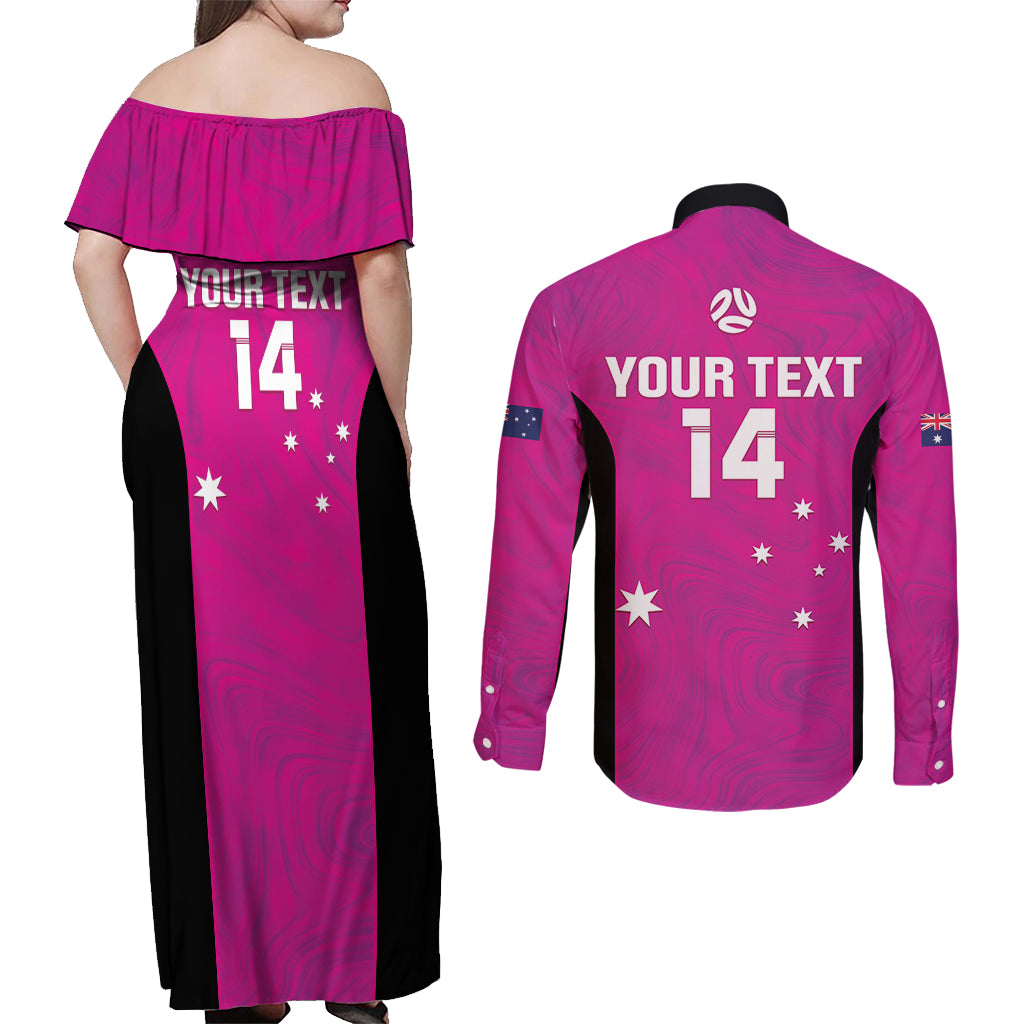 Custom Australia Soccer Couples Matching Off Shoulder Maxi Dress and Long Sleeve Button Shirt Matildas Go Champions - Pink