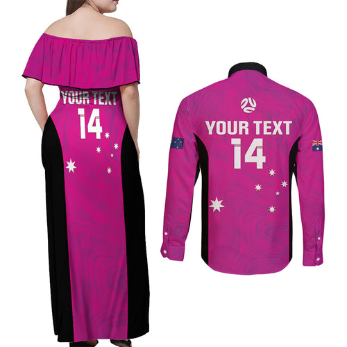 Custom Australia Soccer Couples Matching Off Shoulder Maxi Dress and Long Sleeve Button Shirt Matildas Go Champions - Pink