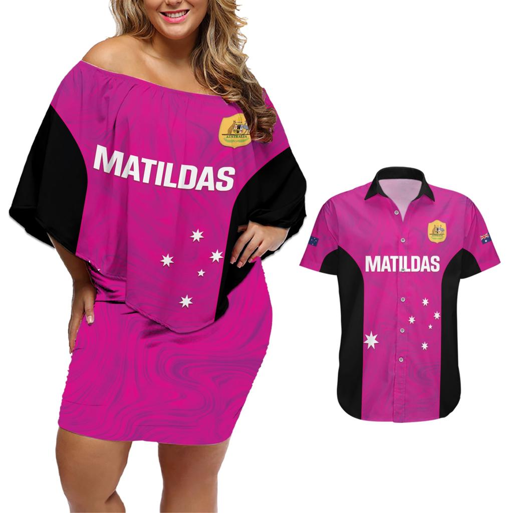 Custom Australia Soccer Couples Matching Off Shoulder Short Dress and Hawaiian Shirt Matildas Go Champions - Pink
