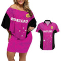 Custom Australia Soccer Couples Matching Off Shoulder Short Dress and Hawaiian Shirt Matildas Go Champions - Pink