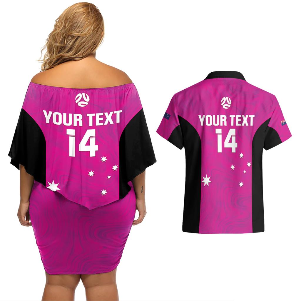 Custom Australia Soccer Couples Matching Off Shoulder Short Dress and Hawaiian Shirt Matildas Go Champions - Pink