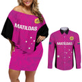 Custom Australia Soccer Couples Matching Off Shoulder Short Dress and Long Sleeve Button Shirt Matildas Go Champions - Pink