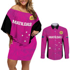 Custom Australia Soccer Couples Matching Off Shoulder Short Dress and Long Sleeve Button Shirt Matildas Go Champions - Pink