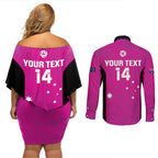 Custom Australia Soccer Couples Matching Off Shoulder Short Dress and Long Sleeve Button Shirt Matildas Go Champions - Pink