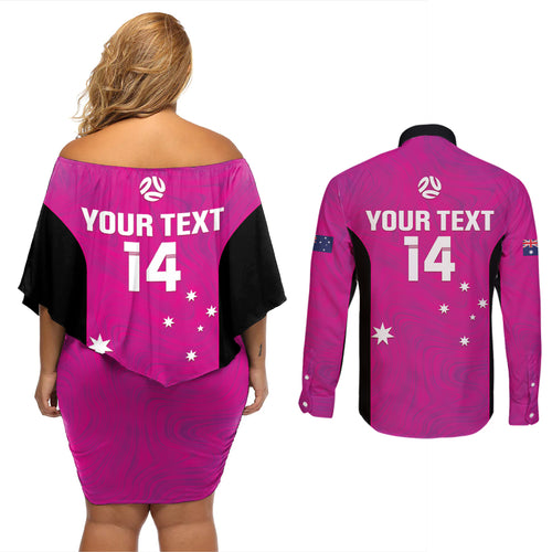 Custom Australia Soccer Couples Matching Off Shoulder Short Dress and Long Sleeve Button Shirt Matildas Go Champions - Pink