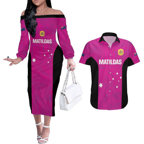 Custom Australia Soccer Couples Matching Off The Shoulder Long Sleeve Dress and Hawaiian Shirt Matildas Go Champions - Pink
