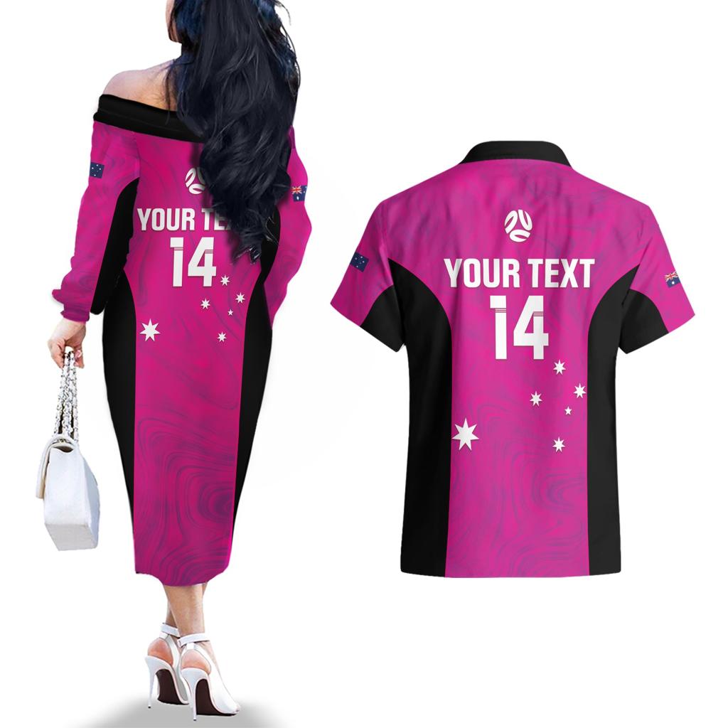 Custom Australia Soccer Couples Matching Off The Shoulder Long Sleeve Dress and Hawaiian Shirt Matildas Go Champions - Pink