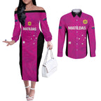 Custom Australia Soccer Couples Matching Off The Shoulder Long Sleeve Dress and Long Sleeve Button Shirt Matildas Go Champions - Pink