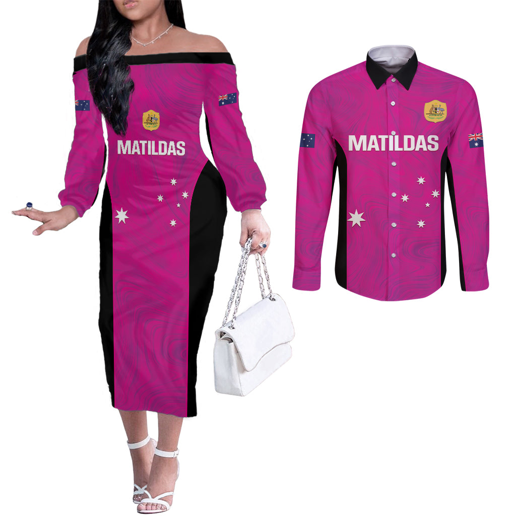 Custom Australia Soccer Couples Matching Off The Shoulder Long Sleeve Dress and Long Sleeve Button Shirt Matildas Go Champions - Pink